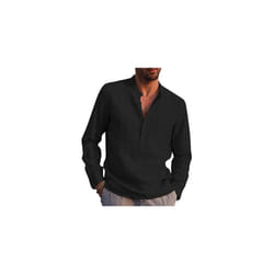Mens Long Sleeve Cotton Linen Henley Shirt Solid Button Pullover T Shirt Blouse - Black, M