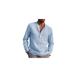 Mens Long Sleeve Cotton Linen Henley Shirt Solid Button Pullover T Shirt Blouse - Light Blue, 3XL