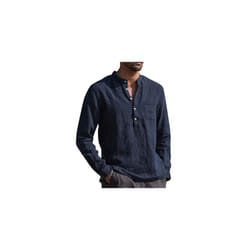 Mens Long Sleeve Cotton Linen Henley Shirt Solid Button Pullover T Shirt Blouse - Navy Blue, 3XL