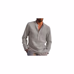 Mens Long Sleeve Cotton Linen Henley Shirt Solid Button Pullover T Shirt Blouse - Grey, XL
