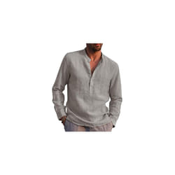 Mens Long Sleeve Cotton Linen Henley Shirt Solid Button Pullover T Shirt Blouse - Grey, XL