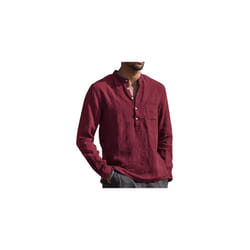Mens Long Sleeve Cotton Linen Henley Shirt Solid Button Pullover T Shirt Blouse - Claret, M