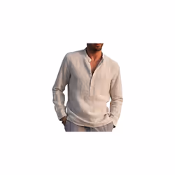Mens Long Sleeve Cotton Linen Henley Shirt Solid Button Pullover T Shirt Blouse - Khaki, 3XL