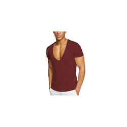 100% Cotton Mens Short Sleeve V Neck T Shirt Casual Solid Night Club Dance Tops - Wine Red, 2XL