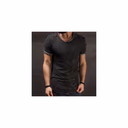 Mens Plain Ripped Short Sleeve T-Shirt Summer Casual Muscle Slim Fit Tops Blouse - Black, L