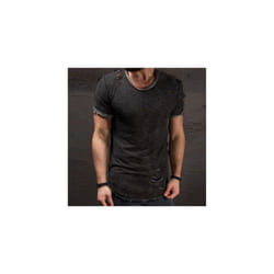 Mens Plain Ripped Short Sleeve T-Shirt Summer Casual Muscle Slim Fit Tops Blouse - Black, L