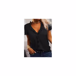 Womens Short Sleeve Ruffle V Neck T Shirt Ladies Casual Loose Plain Tops Blouse - Black, Tag Size 3XL=UK Size 16