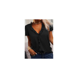 Womens Short Sleeve Ruffle V Neck T Shirt Ladies Casual Loose Plain Tops Blouse - Black, Tag Size 3XL=UK Size 16