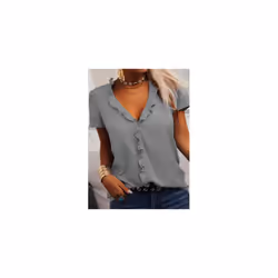 Womens Short Sleeve Ruffle V Neck T Shirt Ladies Casual Loose Plain Tops Blouse - Grey, Tag Size 4XL=UK Size 18