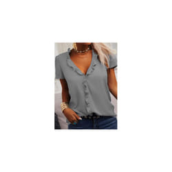 Womens Short Sleeve Ruffle V Neck T Shirt Ladies Casual Loose Plain Tops Blouse - Grey, Tag Size 4XL=UK Size 18