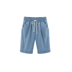 Womens High Waist Elasticated Half Pants Ladies Casual Slim Pocket Summer Shorts - Light Blue, L