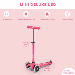 Micro Scooters | Mini Micro Deluxe LED Children's Scooter | Extra Grippy Deck | Weather Tested Stem | Remove & Fold Handlebar | Light Up Wheels | 2-5y