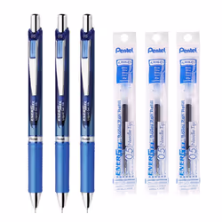 Pentel EnerGel Retractable Liquid Gel Pen 0.5mm Blue Ink Blue Body 3 Pens & 3 Ink Refills