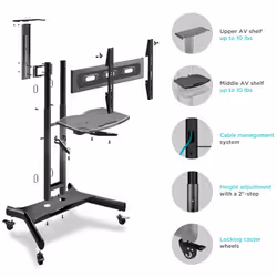 ONKRON Mobile TV Stand with Mount for 55-Inch Screens - Rolling Monitor Cart with Wheels and Adjustable Shelf - VESA Compatible 400x400mm TS1551 Black - Additional view 10