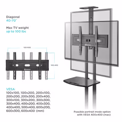 ONKRON Mobile TV Stand with Mount for 55-Inch Screens - Rolling Monitor Cart with Wheels and Adjustable Shelf - VESA Compatible 400x400mm TS1551 Black - Additional view 11