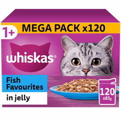 120 x 85g Whiskas 1+ Fish Favourites Mixed Adult Wet Cat Food Pouches in Jelly