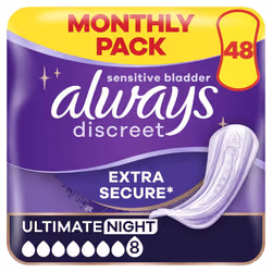 Always Discreet Incontinence Pads Women, Ultimate Night, Absorbency 8, 48 Sanitary Towels (12 x 4), Extra Secure Bladder Weak ...
