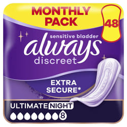 Always Discreet Incontinence Pads Women, Ultimate Night, Absorbency 8, 48 Sanitary Towels (12 x 4), Extra Secure Bladder Weakness, Odour Neutraliser