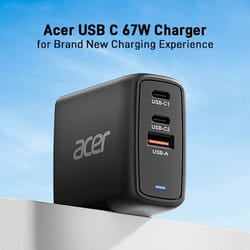 Acer 67W PD Charger, USB Port: 2C+1A, UK Plug, 100W USB-C Cable, Black