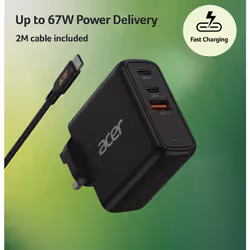 Acer 67W PD Charger, USB Port: 2C+1A, UK Plug, 100W USB-C Cable, Black - Additional view 2