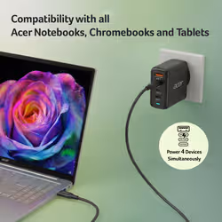 Acer 100W PD Charger, USB Port: 3C+1A, UK Plug, 100W USB-C Cable, Black - Additional view 3