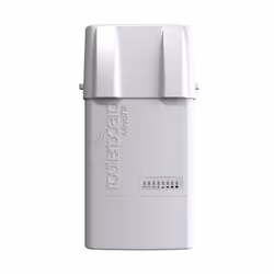 The RB912 in an outdoor enclosure. fit with two RPSMA connectors for antennas. and a cable hood for protection against moistu ...