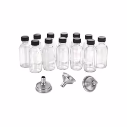12Pc 2 Oz Small Clear Glass Bottles with Lids & 3 Funnels