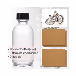 12Pc 2 Oz Small Clear Glass Bottles with Lids & 3 Funnels