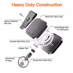 Heavy Duty Metal Retractable Carabiner Keychain Belt Badge Reels Clip