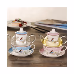 Ceramic Flower Teapot Flower Bird Cup Saucer Glass Pot Set Pink