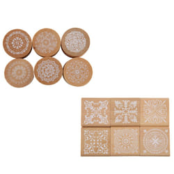 12Pcs Wooden Stamps Floral Pattern Circles and Squares Rubber Wooden