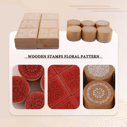 12Pcs Wooden Stamps Floral Pattern Circles and Squares Rubber Wooden
