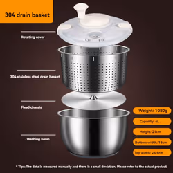 6L Salad Spinner Stainless Steel Large Vegetable Washer with PP Lid