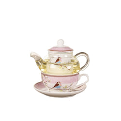 Ceramic Flower Teapot Flower Bird Cup Saucer Glass Pot Set Pink
