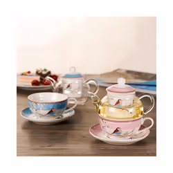 Ceramic Flower Teapot Flower Bird Cup Saucer Glass Pot Set Pink