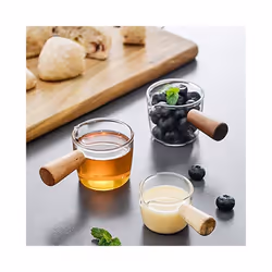2PCS Transparent Glass with Wooden Handle, Creamer Pitcher. 100Ml
