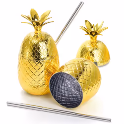 2Pc Pineapples Drink Cups, 450Ml Gold Pineapples Tumbler with Straw