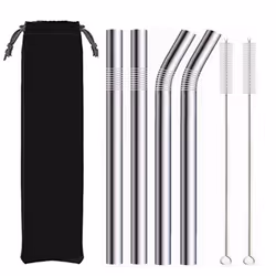 4Pcs Silver 12mm Straws with 2 Brush 304 Stainless Steel Straws Set