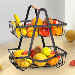 Double Layer Fruit Basket with Wooden Handle Storage Rack