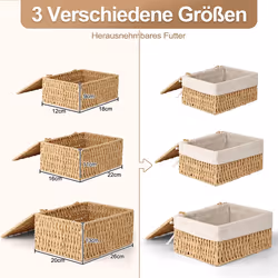 Storage Basket, Pack of 3 Storage Basket with Lid, Woven Basket
