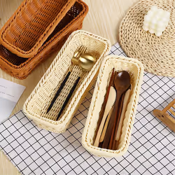 Plastic Rattan Woven Basket Spoon Fork Knife Chopsticks Storage A