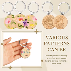 60Pcs Blank Round Wooden Key Chain Diy Wood Keychains Key Tags