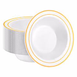30 Pack Plastic Disposable Bowls, 12oz Salad Bowls with Gold Rim