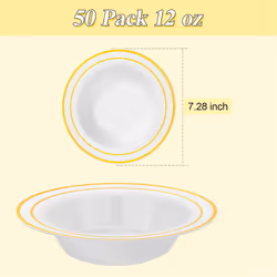 30 Pack Plastic Disposable Bowls, 12oz Salad Bowls with Gold Rim