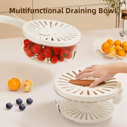 2Pcs Draining Bowl Drainage Basket Funnel Bilayer Foldable Fruit