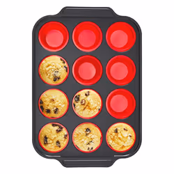 Silicone Muffin Pan with Metal Frame, 12 Regular Size Red