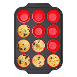Silicone Muffin Pan with Metal Frame, 12 Regular Size Red