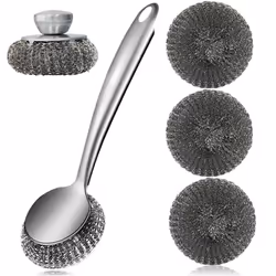 Steel Wool Scrubber Dish Brush with Handle, Cleaning Scrubber Set,