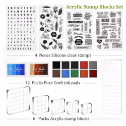 22 Pcs Crafting Stamps Set with Acrylic Stamp Blocks, Silicone Stamps