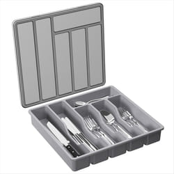 Silverware Organizer with Lid,Covered Utensil Tray Gray